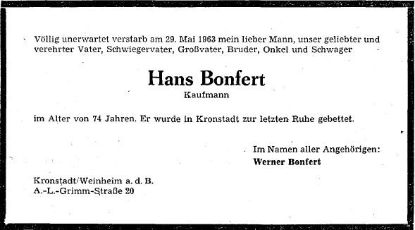 Bonfert Johann 1889-1963 Todesanzeige